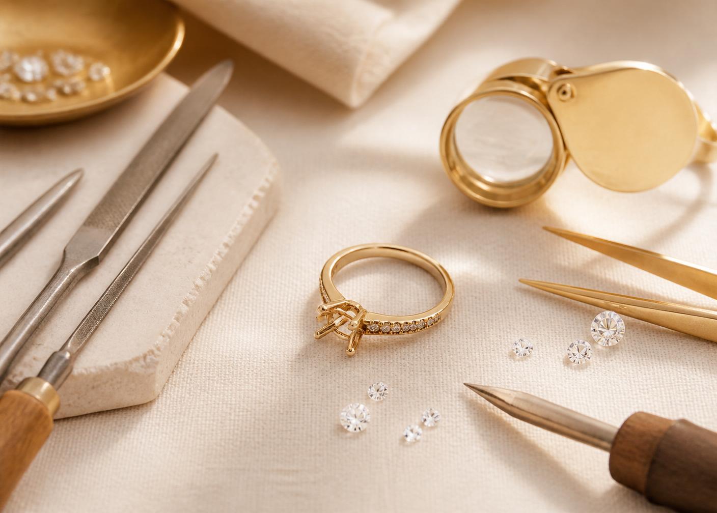 A Blake Jewelers master jeweler's workbench with loose diamonds and a gold ring in progress